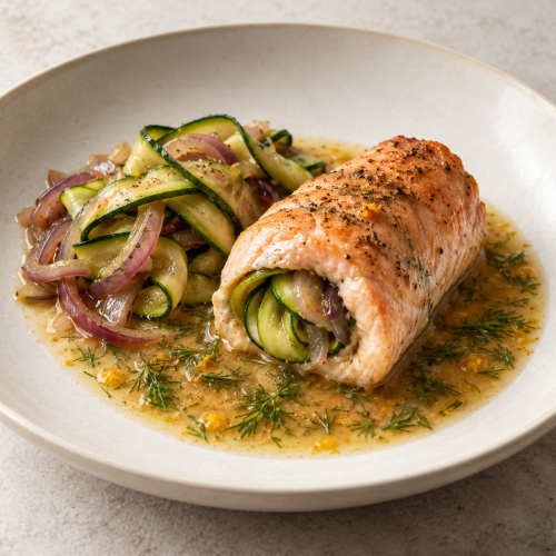Trout Roulade, Zucchini Ribbons and Orange–Dill Jus - Fresh Start 30: A Journey To Better Health Trout Roulade, Zucchini Ribbons and Orange–Dill Jus